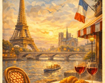 Póster vintage de París, pintura al óleo, decoración imprimible con monumentos de París.