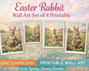 Juego de 4 cuadros de conejo de Pascua para pared, decoración de guardería con prado primaveral, cuadro familiar de conejos