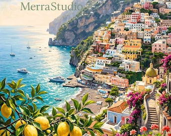 Amalfi Coast Lemon Tree Oil Painting, Mediterranean Wall Art, Italy Cliffside Print, Summer Decor