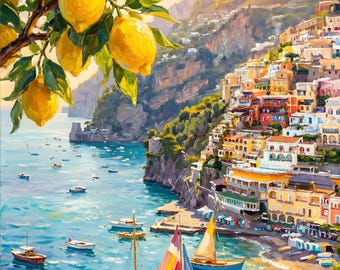 Cuadro de limones de la costa de Amalfi, pintura costera italiana, lámina de paisaje marino mediterráneo, decoración veraniega colorida