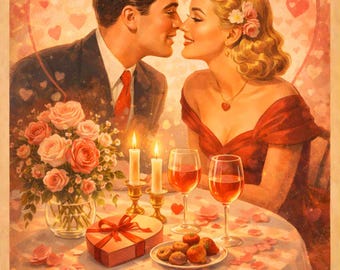 Lámina artística vintage "Sé mi Valentín": ilustración romántica de pareja retro, decoración de pared de amor retro