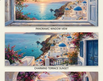 Impresión artística de pared de 3 piezas de Santorini, pintura al óleo con decoración mediterránea (descarga digital)