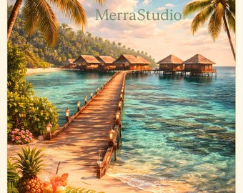Maldives Travel Poster, Tropical Beach Wall Art, Luxury Ocean Print, Island Paradise Decor