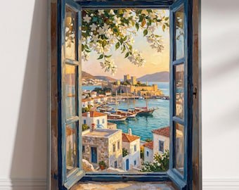 Bodrum Castle Window View Printable Art – Mediterranean Oil Painting (Digital Download)