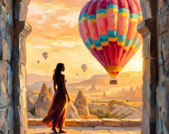 Cuadro decorativo con vista a Capadocia desde una ventana, estampado de amanecer en globo aerostático, paisaje romántico (descarga digital).