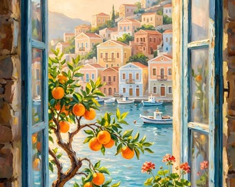 Arte imprimible con vista de ventana mediterránea - Paisaje de isla griega del Egeo - Pintura al óleo de la isla de Symi