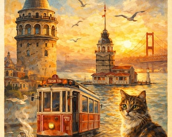 Póster vintage de viaje a Estambul, pintura al óleo, decoración imprimible con monumentos de Estambul.