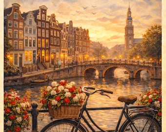 Póster vintage de Ámsterdam, pintura al óleo, decoración imprimible con monumentos de Ámsterdam.