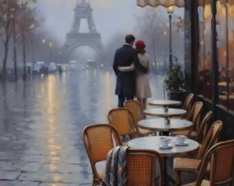 Regalo de San Valentín, pintura al óleo romántica de París, pareja bajo la Torre Eiffel, descarga digital