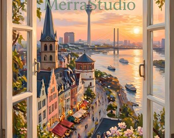 Dusseldorf Germany Wall Art Print, Rhine River Window View (Digital Download)