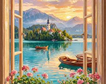 Arte mural con vista al lago Bled, paisaje de la isla de la iglesia en Eslovenia, decoración imprimible de un lago alpino.