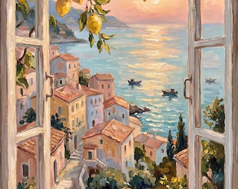 Amalfi Coast Oil Painting, Lemon Tree Window View, Mediterranean Print