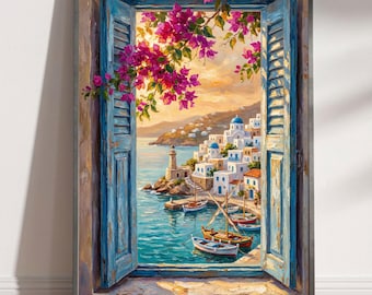 Mediterranean Window View Printable Art - Aegean Greek Island Landscape - Bougainvillea Wall Art -   Digital Download