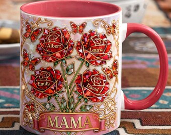 Taza personalizada Mama Rose 2D plana, regalo personalizado con nombre para niños, taza de café floral roja, regalo para mamá con estilo de flor de nacimiento