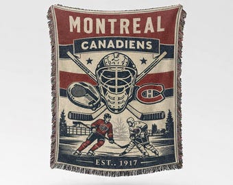 Manta de hockey de Montreal, inspirada en los Canadiens, decoración vintage para aficionados de Montreal, Canadá, regalo de hockey rojo y azul, manta tejida con flecos