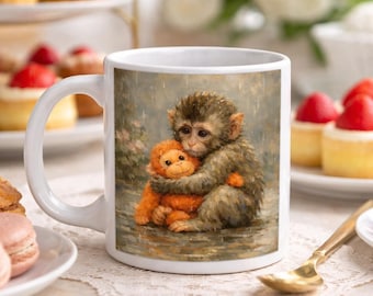 Taza de cerámica con diseño de mono bebé ponche: adorable mono bebé abrazando un peluche artístico, regalo para amantes de los animales de apoyo emocional.