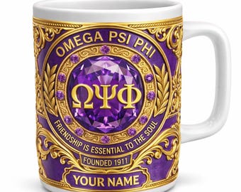Taza plana Omega Psi Phi 1911 2D, taza de café Omega púrpura y dorada, regalo de fraternidad, taza personalizada con nombre para la vida griega