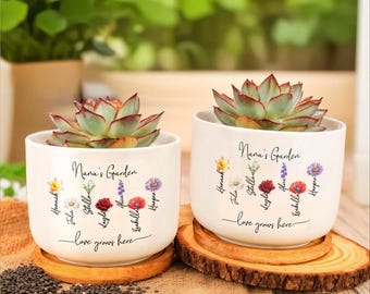 Maceta personalizada para el jardín de la abuela, maceta personalizada para la abuela con los nombres de los niños, regalo de flores de nacimiento para la familia, regalo para los nietos, el amor crece aquí.