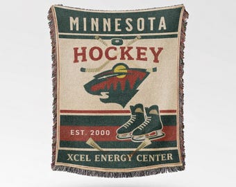 Manta de hockey de Minnesota, manta vintage de inspiración salvaje, decoración rústica para aficionados al hockey, regalo deportivo de Minnesota, manta tejida con flecos