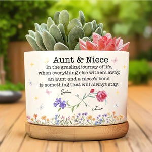 Può includere: Un vaso di ceramica bianco con la scritta "Aunt & Niece" e un messaggio sincero. Il vaso è decorato con motivi floreali e farfalle e contiene una pianta succulenta. Il vaso poggia su una base di legno.