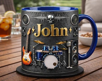 Taza de café personalizada con banda de rock, regalo para amantes de la música de guitarra y batería para él