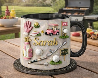 Taza de golf personalizada con nombre, taza personalizada para amantes del golf, taza rosa con carrito de golf, regalo único para golfistas.