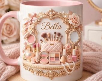 Taza de maquillaje personalizada con el nombre Bella, taza de café para amantes de la belleza, regalo para artistas del maquillaje, linda taza estética de tocador para ella.