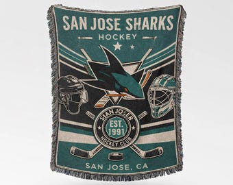 Manta de hockey de San José, inspirada en los Sharks, decoración vintage del club de hockey, regalo para fanáticos de San José, California, manta deportiva tejida con flecos.