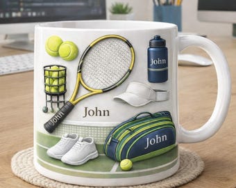 Taza de tenis personalizada con nombre, taza de café de cerámica con equipo de tenis personalizado, regalo para tenistas, taza para amantes de los deportes