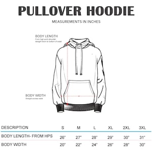 K&ouml;nnte beinhalten: Wei&szlig;es Diagramm eines Kapuzenpullovers mit Ma&szlig;en in Zoll. Der Text "PULLOVER HOODIE" steht oben. Ma&szlig;e f&uuml;r K&ouml;rperl&auml;nge und K&ouml;rperbreite sind angegeben, mit Gr&ouml;&szlig;en von S bis 3XL. Die K&ouml;rperl&auml;nge von HPS reicht von 66 cm bis 79 cm.
