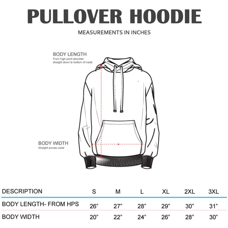 K&ouml;nnte beinhalten: Wei&szlig;es Diagramm eines Kapuzenpullovers mit Ma&szlig;en in Zoll. Der Text "PULLOVER HOODIE" steht oben. Ma&szlig;e f&uuml;r K&ouml;rperl&auml;nge und K&ouml;rperbreite sind angegeben, mit Gr&ouml;&szlig;en von S bis 3XL. Die K&ouml;rperl&auml;nge von HPS reicht von 66 cm bis 79 cm.