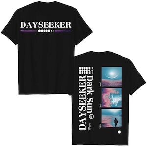 May include: Black t-shirt with the word "DAYSEEKER" in white, above a purple and white horizontal line. The back of the shirt features the text "DAYSEEKER Dark Sun" and three landscape images.
