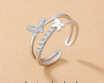Double Layer Butterfly Ring, 925 Sterling Silver Open Stacking Ring, Bohemian Insect Jewelry for Index Finger