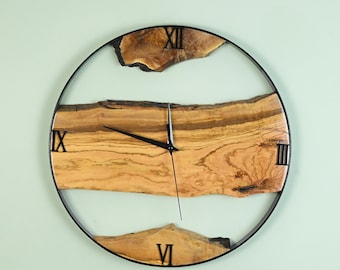Olive Wood Wall Clock, Natural Live Edge Home Decor, Handmade Rustic Modern Timepiece, Housewarming gift, Living Room Accent