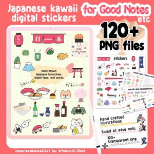 May include: Digital sticker set with Japanese kawaii illustrations for Good Notes. Contains over 120 PNG files with hand-drawn icons, lines, washi tape, and words. The stickers include sushi, a lucky cat, and other Japanese-themed designs.