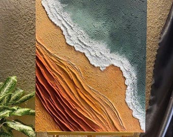 Textured Ocean Wall Art, Abstract Coastal Painting, 3D Plaster Beach Canvas, Modern Seascape Decor