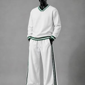 Retro V-Neck Fleece Tracksuit Set – Off-White & Forest Green Trim Streetwear