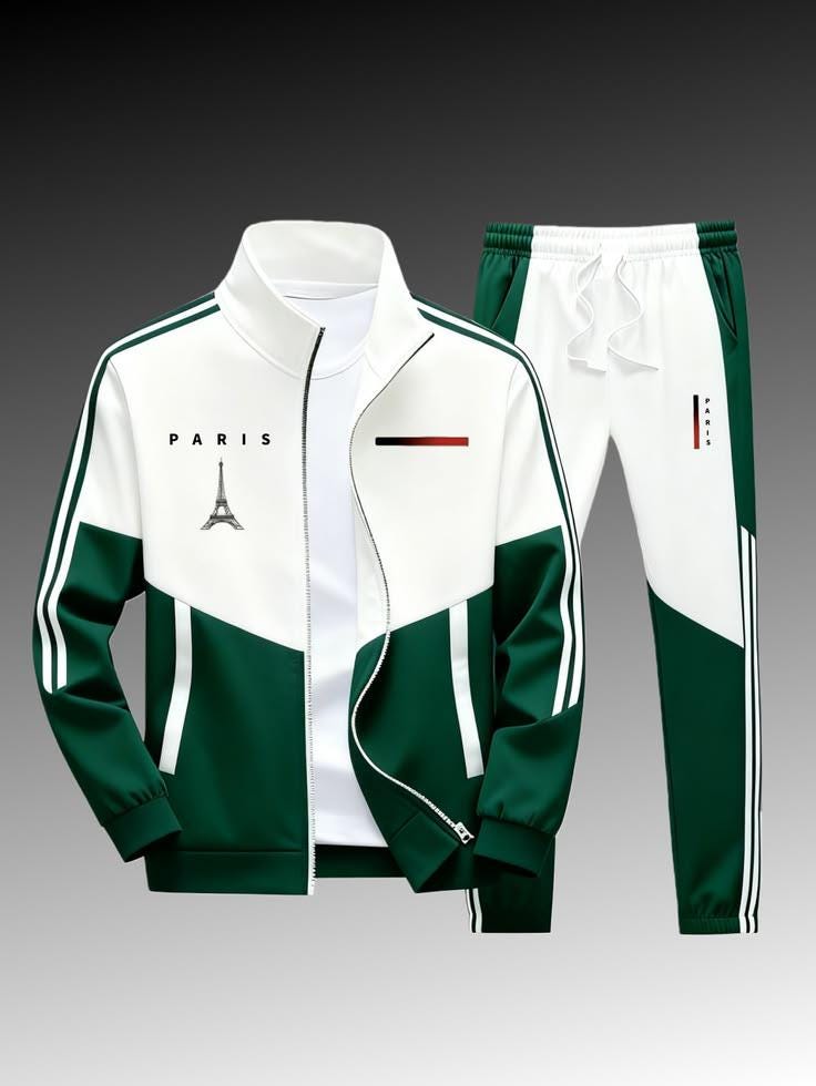 Paris Luxe Track Set - White Beige Color Block Sportswear Jacket & Joggers