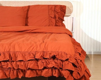 Conjunto de cama com babados em algodão laranja ferrugem | Capa de edredom e lençóis com babados macios