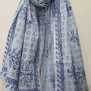 Puede incluir: Una bufanda azul claro con un estampado floral azul oscuro repetido. La bufanda está hecha de una tela ligera y está drapeada, mostrando el intrincado diseño. Los bordes están acabados con un borde detallado.