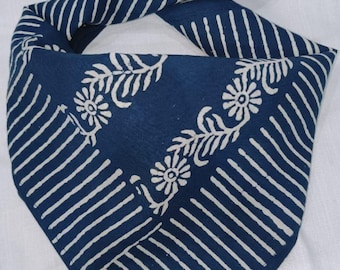 Indigo Blue Cotton Bandana, Hand Block Print Scarf, Floral Neckerchief, Boho Head Scarf, Handmade Indian Bandana, Unisex Cotton Kerchief