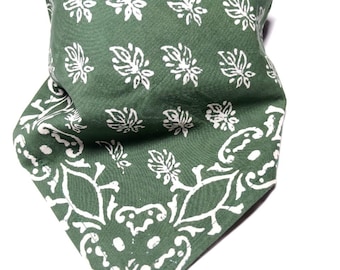 Hand Block Printed Cotton Bandana, Green Floral Scarf