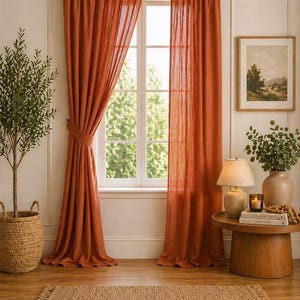 Organic Cotton Rust Orange Curtain Panels Rustic Boho Window Curtains-Semi Sheer Farmhouse Drapes-Red PocketWindow