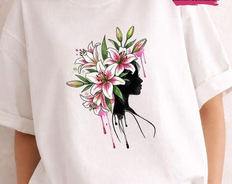 Diseño de cabeza de flor en acuarela, PNG floral, silueta de mujer, arte lineal (descarga digital)