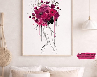 Arte lineal de mujer con flores rosas, diseño de cabeza de flor en acuarela (descarga digital)