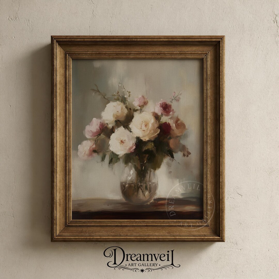 Vintage Blush Rose Bouquet Still-life - Romantic Cottagecore Wall Art ...