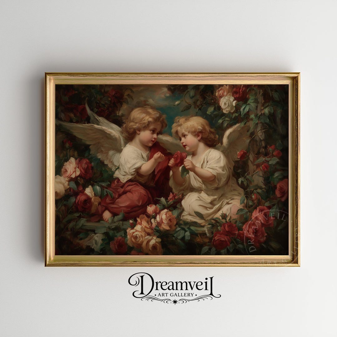 Angels And Roses Vintage Cherubic Angels With Roses Classical Painting – Romantic Wall ...