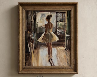 Classical Ballerina Wall Art - Serene Dancer in Warm Tones, Impressionistic Painting, Romantic Studio Scene Printable (Digital Download)