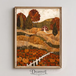 May include: A framed vertical wall art print depicting a rural autumn landscape with a small red house, rolling hills, and trees with orange and brown foliage. In the foreground, a white picket fence surrounds a large patch of orange pumpkins.