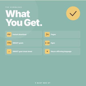 Puede incluir: Un gr&aacute;fico informativo digital sobre un fondo verde salvia titulado The Download What You Get. Enumera caracter&iacute;sticas que incluyen descarga instant&aacute;nea en PDF, 24 p&aacute;ginas, 170 objetivos SMART, edades 2-18, una hoja de trucos SMART y lenguaje neuroafirmativo.